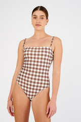 Profile view of model wearing the Oroton Gingham Print Bandeau One Piece in Chocolate and 78% polyamide, 22% elastane for Women