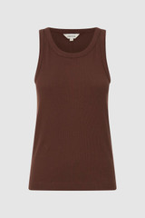 Front product shot of the Oroton Lottie Rib Tank in Chocolate and 92% Cotton / 8% Spandex for Women