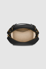 Internal product shot of the Oroton Mica Small Bowler in Black and Pebble grain leather with smooth leather trims for Women