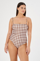 Profile view of model wearing the Oroton Gingham Print Bandeau One Piece in Chocolate and 78% polyamide, 22% elastane for Women
