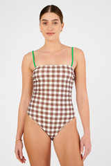 Profile view of model wearing the Oroton Gingham Print Bandeau One Piece in Chocolate and 78% polyamide, 22% elastane for Women