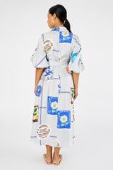 Profile view of model wearing the Oroton Picnic Print Dress in Pale Blue and 100% silk for Women