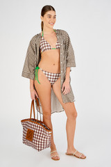 Profile view of model wearing the Oroton Gingham Bikini Bottom in Chocolate and 78% polyamide, 22% elastane for Women