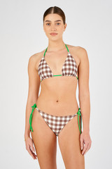 Profile view of model wearing the Oroton Gingham Bikini Bottom in Chocolate and 78% polyamide, 22% elastane for Women